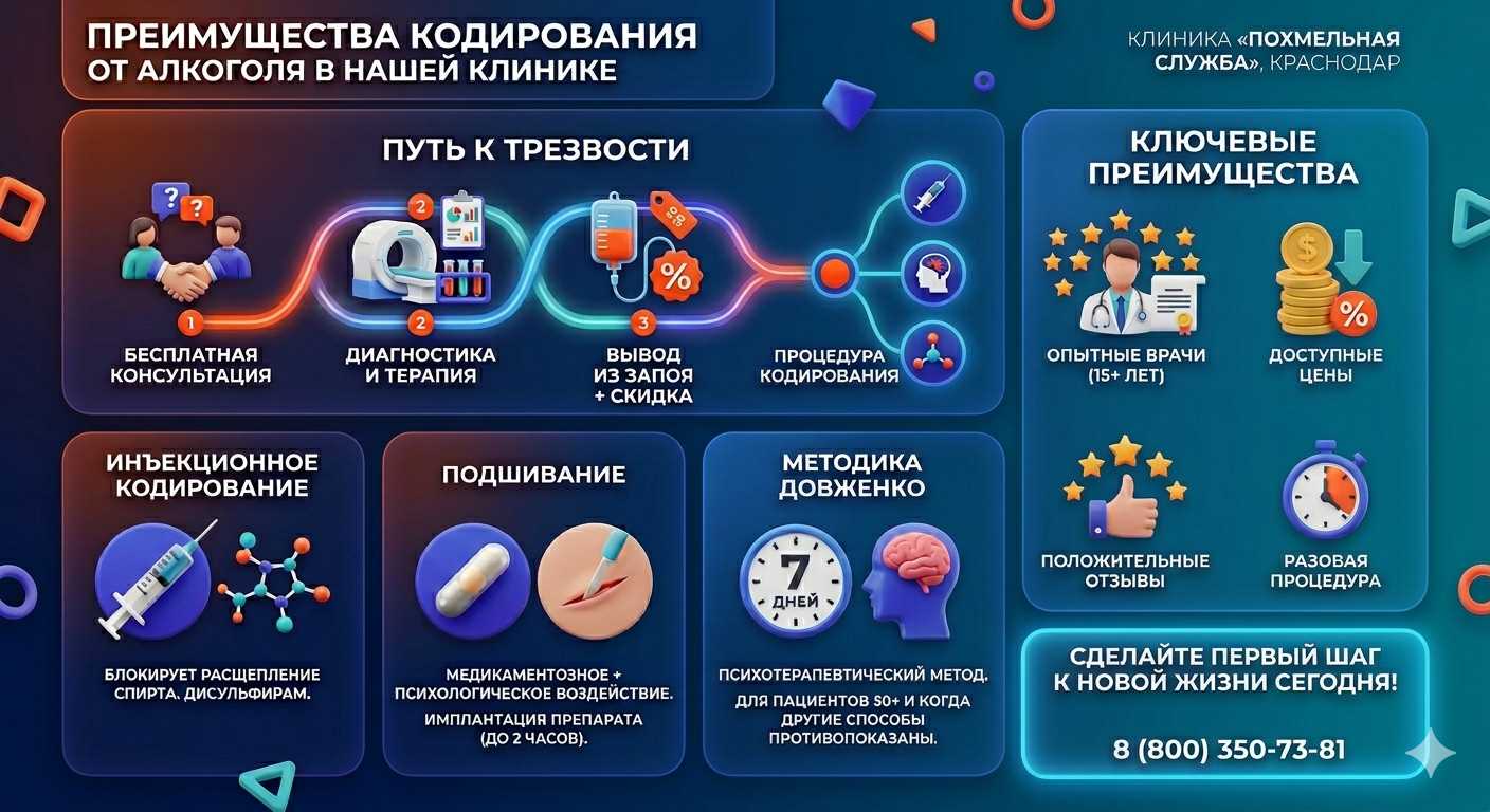 Инфографика о методах кодирования от алкоголя в Нижнем Одесе: инъекции, подшивание, метод Довженко. Преимущества клиники и этапы лечения.