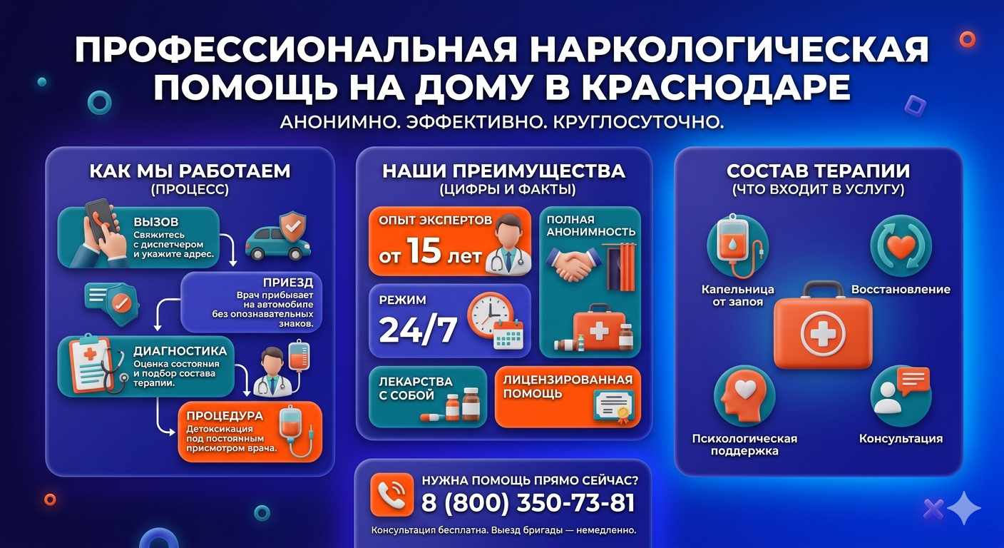 Инфографика о принципах лечения алкоголизма на дому в Нижнем Одесе: этапы вызова нарколога, преимущества анонимной детоксикации и состав медицинской помощи.
